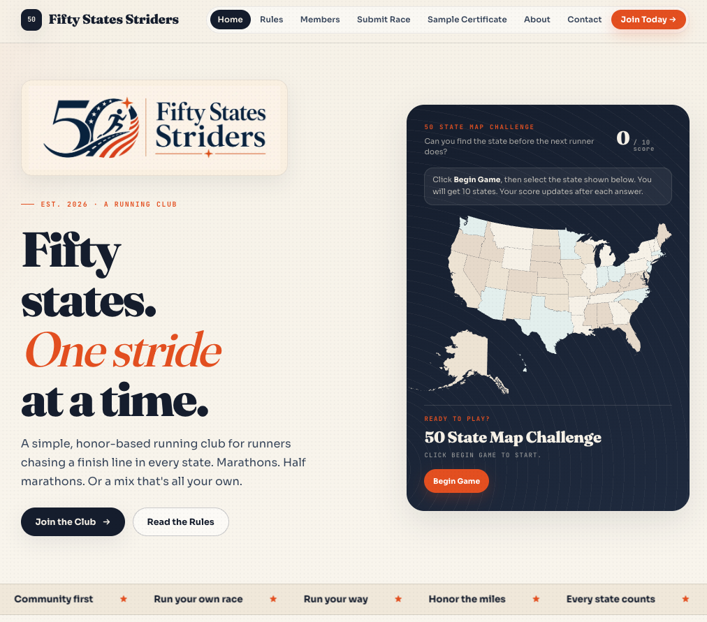 Fifty States Striders website home page